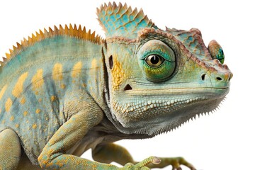 Chameleon with a mask Images of a single Chamaeleo calyptratus on a white background. Generative AI