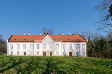Fototapeta na wymiar Front view of a Luznica castle, a baroque manor in the Novi Dvori complex in Zapresic, Croatia