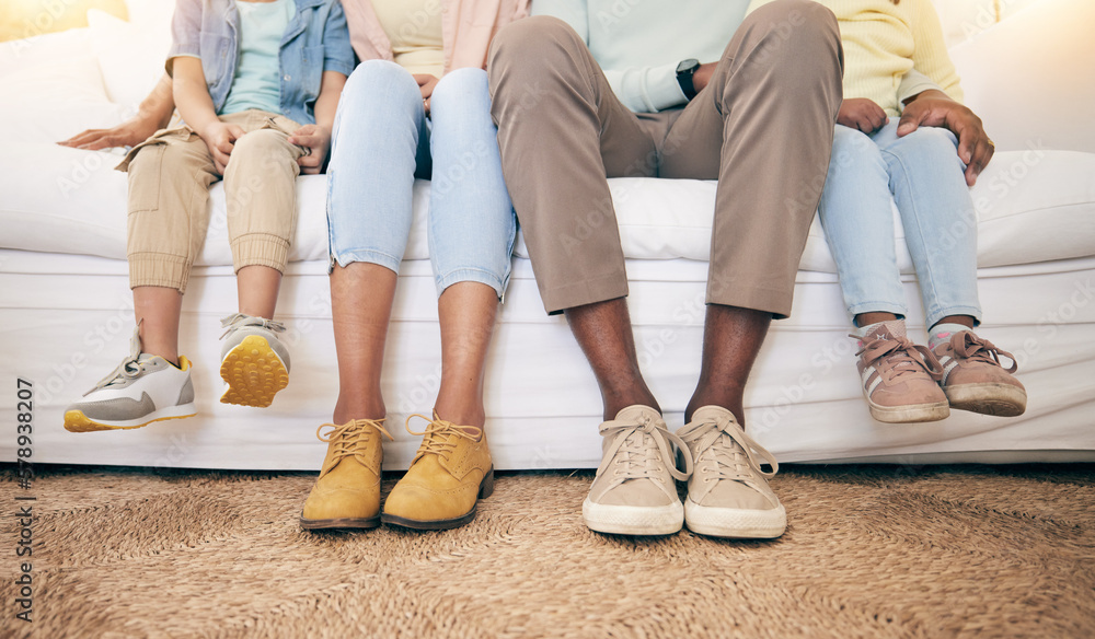 Poster Relax, legs and shoes of black family on sofa for bonding, break and rest together. Support, connection and quality time with parents and children in living room at home for comfort, care and feet