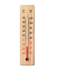 Wooden celsius and fahrenheit scale thermometer isolated on transparent background. Ambient temperature minus 13 degrees
