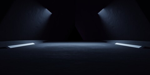 3d rendering of white neon glowing spaceship corridor hallway dark background. Scene for advertising, showroom, technology, future, modern, sport, game, metaverse. Sci Fi Illustration. Product display © Tanawat Thipmontha