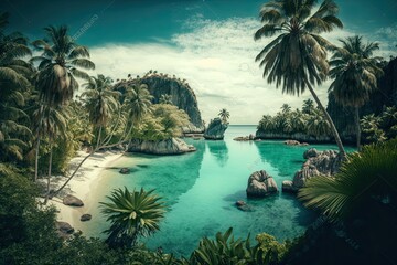 Fototapeta na wymiar Lagoon surrounded by palm palms on a tropical beach. Thailand's island and seascape tourist attraction. Generative AI