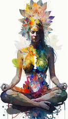 Yogi woman meditating with legs crossed concentrated, Chakras energy visualization in vivid watercolor style vector.
