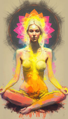 Yogi woman meditating with legs crossed concentrated, Chakras energy visualization in vivid watercolor style vector.
