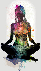 Yogi woman meditating with legs crossed concentrated, Chakras energy visualization in vivid watercolor style vector.
