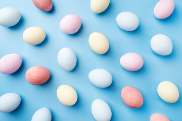 pastel colored easter eggs with hard shadows pattern on blue background