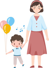 Mother leads her son by the hand, the child holds a bunch of balloons in his hands