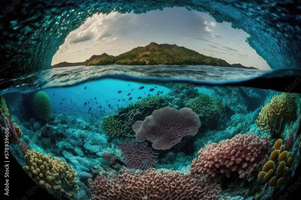 Poster natural scene of a coral reef beneath the surface of the pacific ocean off the coast of french polyn