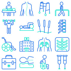 Physiotherapy thin line icons set: rehabilitation, physiotherapist, acupuncture, massage, gymnastics, go-carts, vertebrae; x-ray, trauma, crutches, wheelchair, orthopedic pillow. Vector illustration.