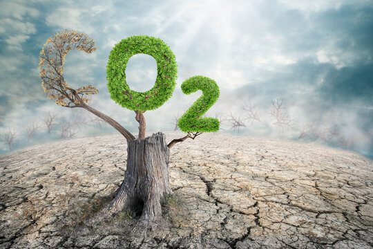 Concept depicting the issue of carbon dioxide emissions and its impact on nature. reduction of the amount of CO2 emissions - concept with removing letter C from CO2 to get oxygen.
