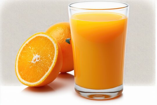 Isolated on a white background is a glass of fresh orange juice made from whole oranges. Generative AI