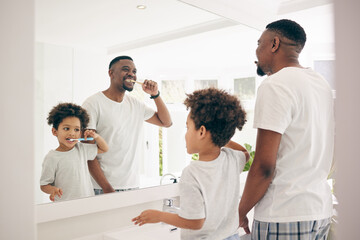 Brushing teeth, black family and cleaning morning routine in a bathroom with a dad and child....
