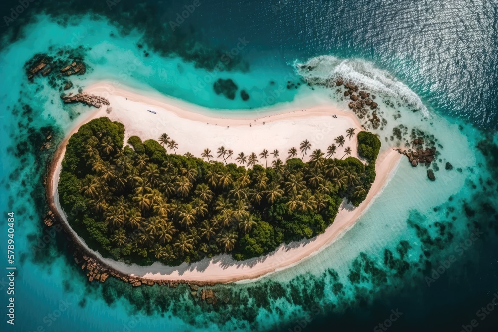 Poster amazing aerial view of the paradise island in the maldives with a lovely beach. the idea of a summer