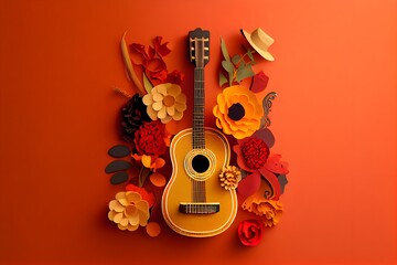 Minimalist modern mexican Cinco de Mayo holiday background,  warm yellow background top view. Flat layout style, generative ai, Minimalist modern mexico  fiesta background with hat, maracas, guitar