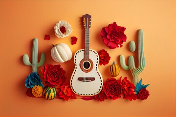 Minimalist modern mexican Cinco de Mayo holiday background,  warm yellow background top view. Flat layout style, generative ai, Minimalist modern mexico  fiesta background with hat, maracas, guitar