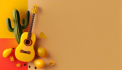 Minimalist modern mexican Cinco de Mayo holiday background,  warm yellow background top view. Flat layout style, generative ai, Minimalist modern mexico  fiesta background with hat, maracas, guitar
