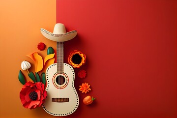 Minimalist modern mexican Cinco de Mayo holiday background,  warm yellow background top view. Flat layout style, generative ai, Minimalist modern mexico  fiesta background with hat, maracas, guitar