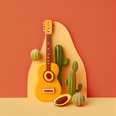 Minimalist modern mexican Cinco de Mayo holiday background,  warm yellow background top view. Flat layout style, generative ai, Minimalist modern mexico  fiesta background with hat, maracas, guitar