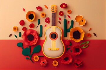 Minimalist modern mexican Cinco de Mayo holiday background,  warm yellow background top view. Flat layout style, generative ai, Minimalist modern mexico  fiesta background with hat, maracas, guitar