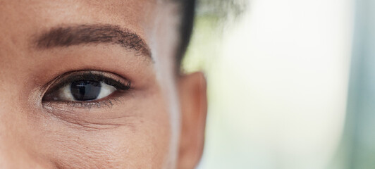 Eye focus, vision zoom and mockup of a black woman outdoor with blurred background. Eyes closeup,...