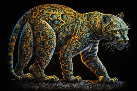 Lovely chameleon panther hues, a yellow panther walking on a black background colored pencil. Generative AI