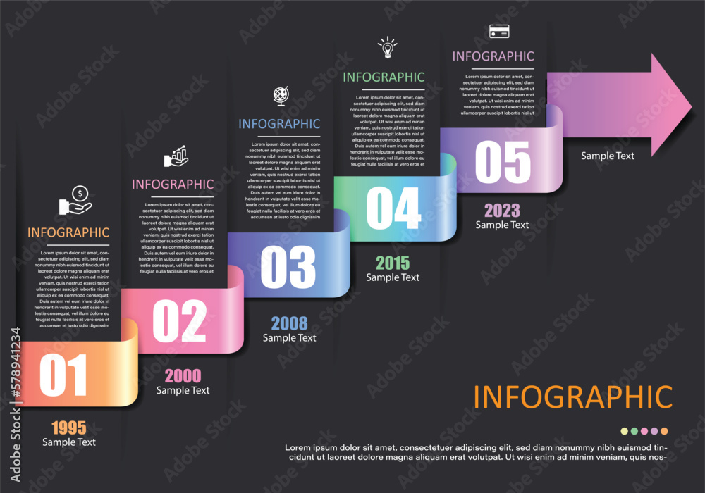 Poster 5 step infographic vector, ribbon shape as timeline or step end with arrow showing increase, next st