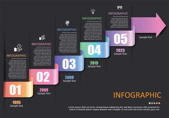 5 step infographic vector, ribbon shape as timeline or step end with arrow showing increase, next step, placed on black gray background to help finance education presentation and business.