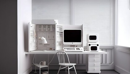 interior of a white room with a chair, window display, computer typewriter, generative ai, desk and chair , copier