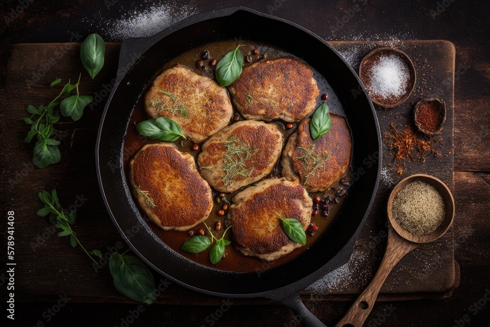 Poster mutton cutlets seasoned with spices and cooked in a frying pan. horizontal top down lay. generative 