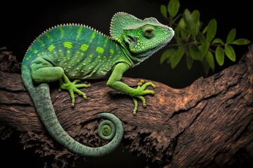 A scaly, green reptile, perhaps a chameleon, ascending a tree. Generative AI
