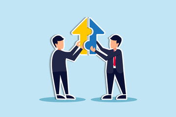 Joint venture business partnership agree to share resource and work together to achieve same goal, merge or acquisition, cooperation concept, businessman connect growth arrow jigsaw puzzle.