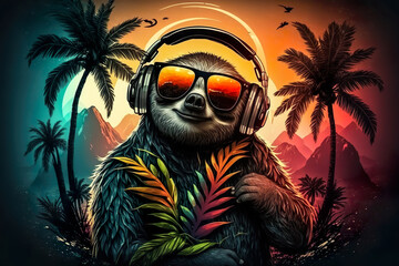 Tropical Sloth DJ Wearing Headphones And Glasses - Generative AI