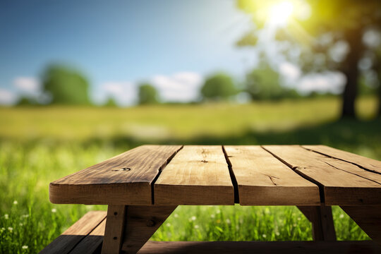 Wooden Table For Picinic, Green Nature Grass And Trees Bokeh Background - Generative AI