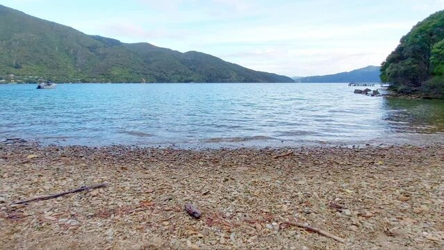 A View Of Endeavour Inlet From A Rocky Beach In The South Island Of New Zealand.