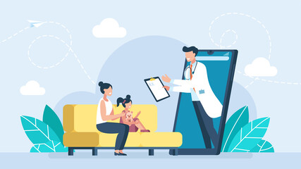 Doctor online. Mom with daughterconsults with a doctor via video call. Woman with child at online appointment with pediatrician. App on phone for remote medical care, support. Flat illustration