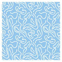 Abstract seamless pattern with silhouette flowers and waves on blue background. 