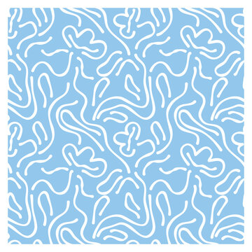 Abstract seamless pattern with silhouette flowers and waves on blue background. 