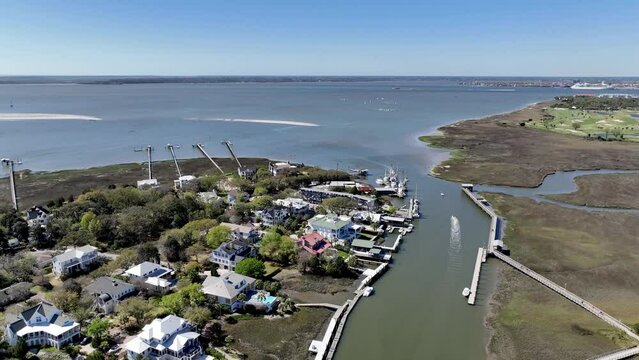 aerial high above shem creek near charleston sc, south carolina