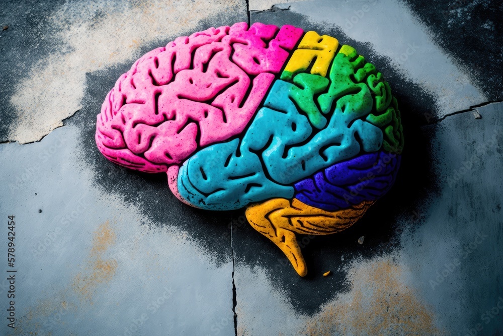 Poster brain on concrete background with bright colors. theorem on combining creative and analytical though