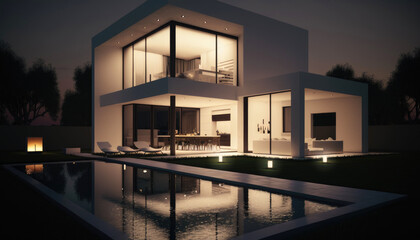 Fototapeta na wymiar Modern Mediterranean style house design with terrace and swimming pool. at night Generative AI