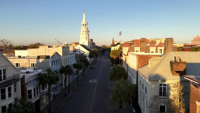 charleston sc, south carolina aerial push in to saint michael's church