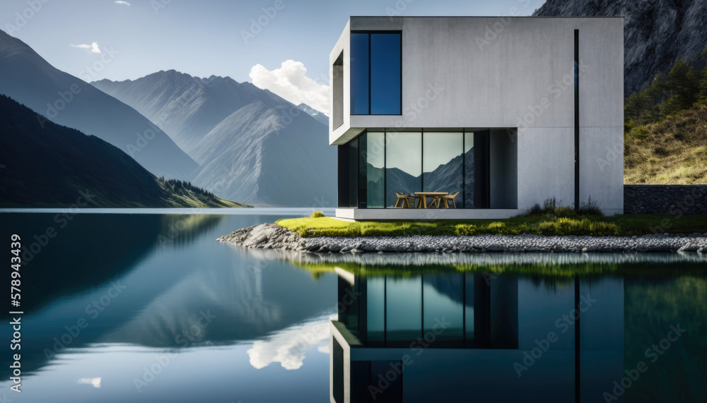 Wall mural modern scandinavian style concrete and glass house design on a mountain lake. generative ai