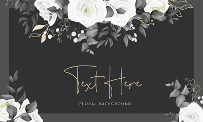 A black and white floral background template with white roses and leaves