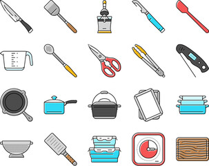 cookware kitchen cooking food icons set vector
