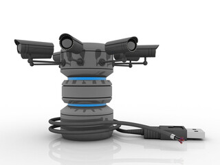 3d rendering Fiber optical cable detail connected database under CCTV camera