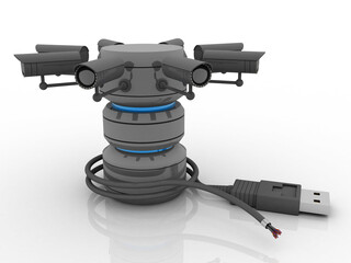 3d rendering Fiber optical cable detail connected database under CCTV camera