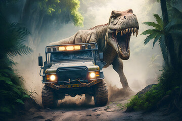 A Tyrannosaurus Rex dinosaur chases an off-road truck through the jungle - Generative AI