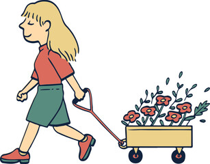 girl pull trolley cart flower illustration.