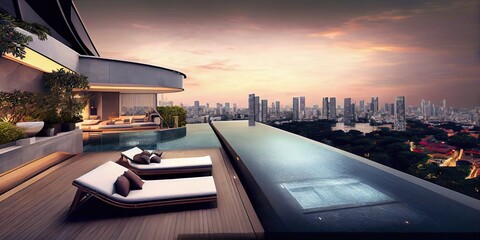 amazing luxury penthouse with pool overlooking Singapore skyline, generative ai
