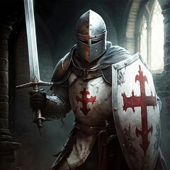 Fototapeta Medieval knight in full armor with the templars cross in the crusade, generative ai obraz
